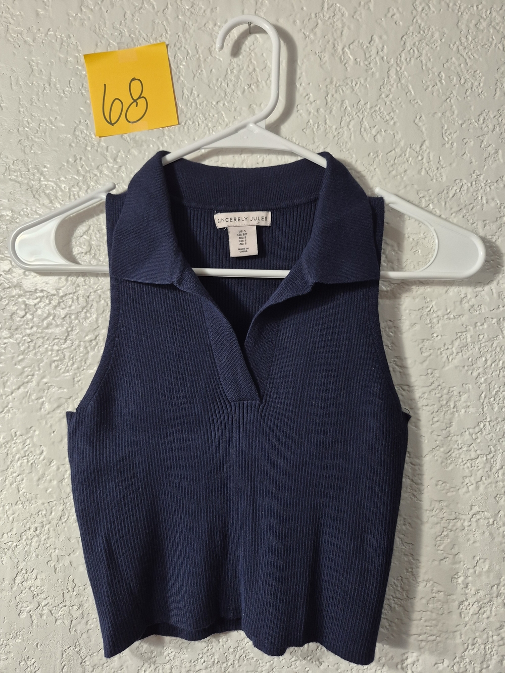 Sincerly Jules Navy Ribbed Sleeveless Polo Tank - SMALL